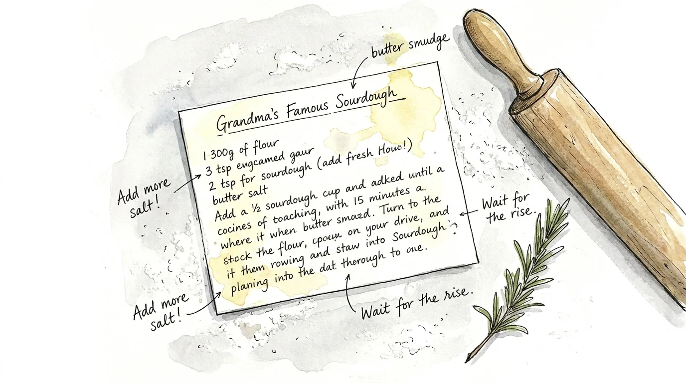 A watercolor drawing of a flour-covered recipe card with handwritten notes and a rolling pin.