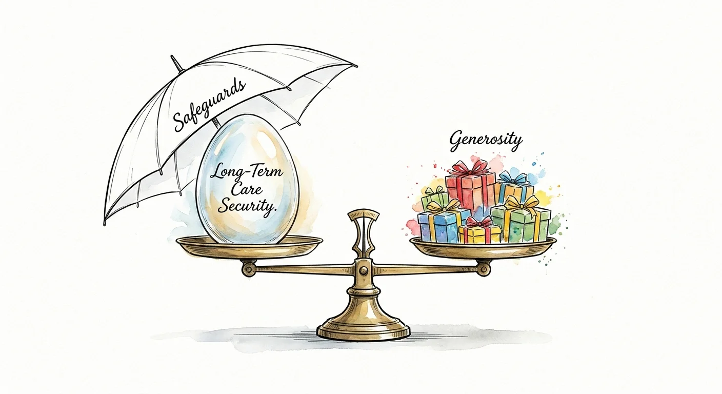 A watercolor illustration of a balance scale leveling retirement security and gifts to family.