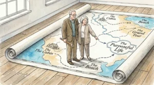 A watercolor illustration of a couple redrawing their retirement map, shifting from travel fantasies to a purposeful life.