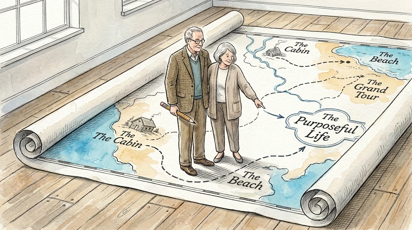 A watercolor illustration of a couple redrawing their retirement map, shifting from travel fantasies to a purposeful life.