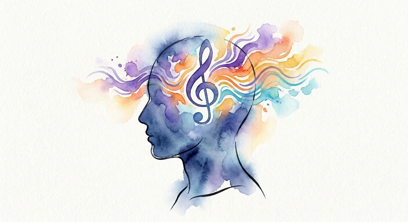 A watercolor illustration of a human profile with colorful musical waves inside the brain, symbolizing cognitive health.