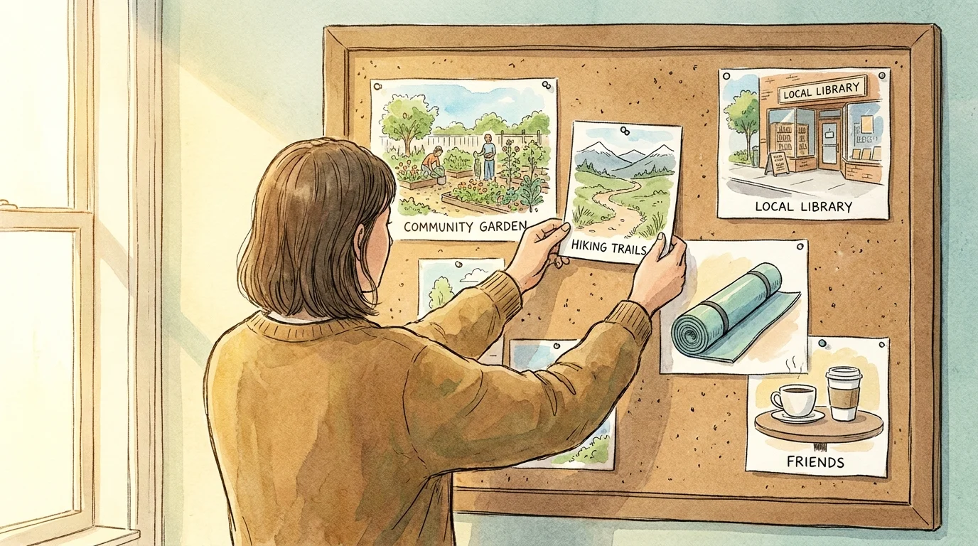 A watercolor illustration of a person pinning icons of community and hobbies onto a lifestyle design board.