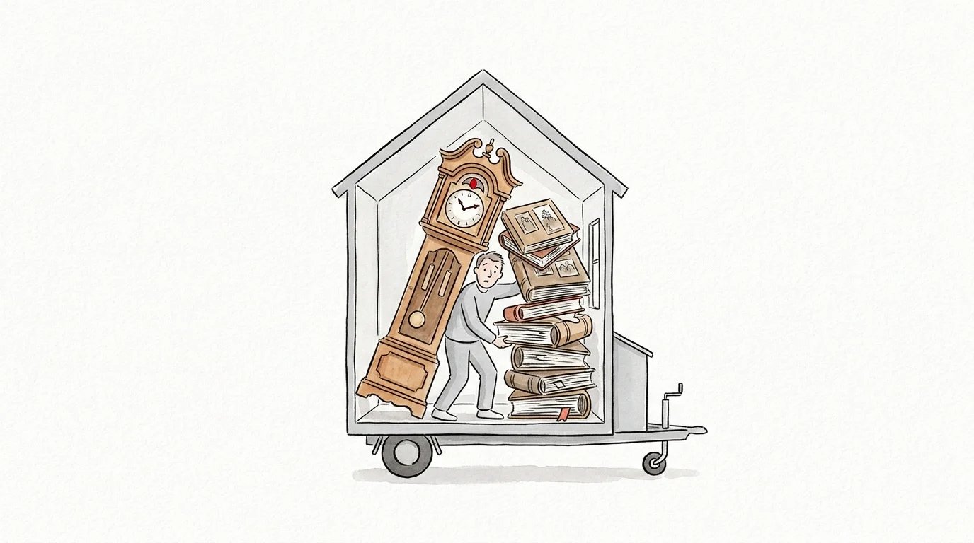 A watercolor illustration of a person trying to fit large family heirlooms into a tiny house on wheels.