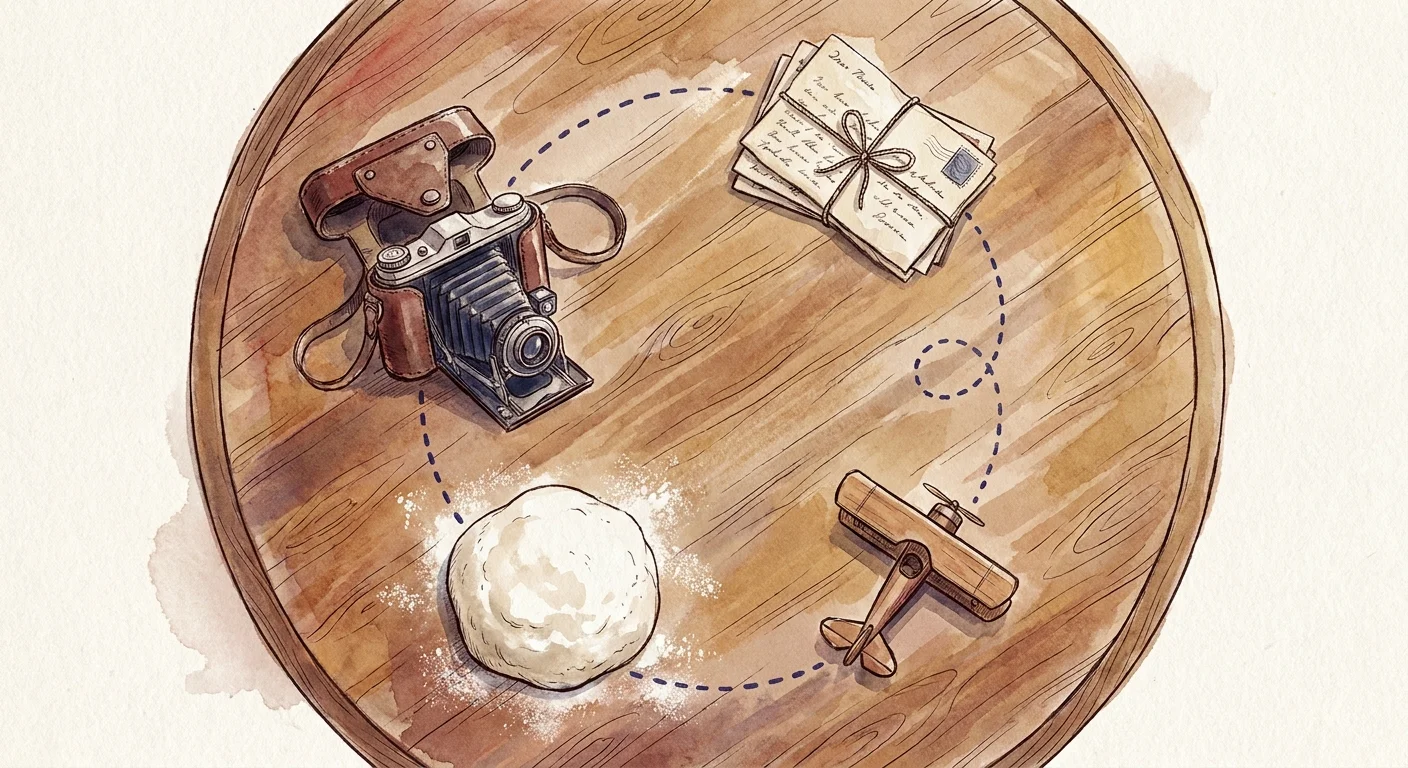 A watercolor illustration of a round table covered in heritage items like a camera, dough, and letters, connected by lines.