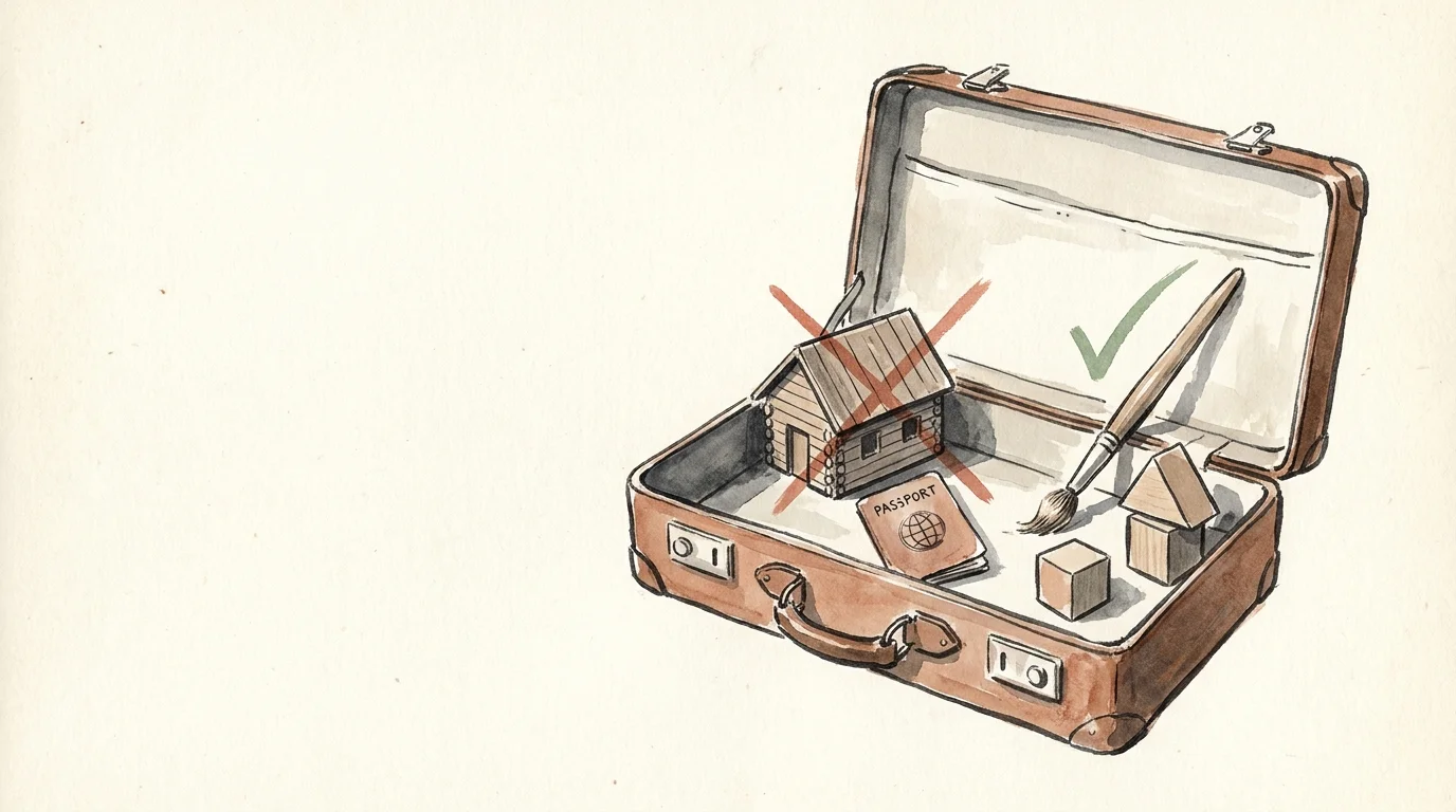 A watercolor illustration of a suitcase containing symbols of retirement dreams, with some being checked and others crossed out.