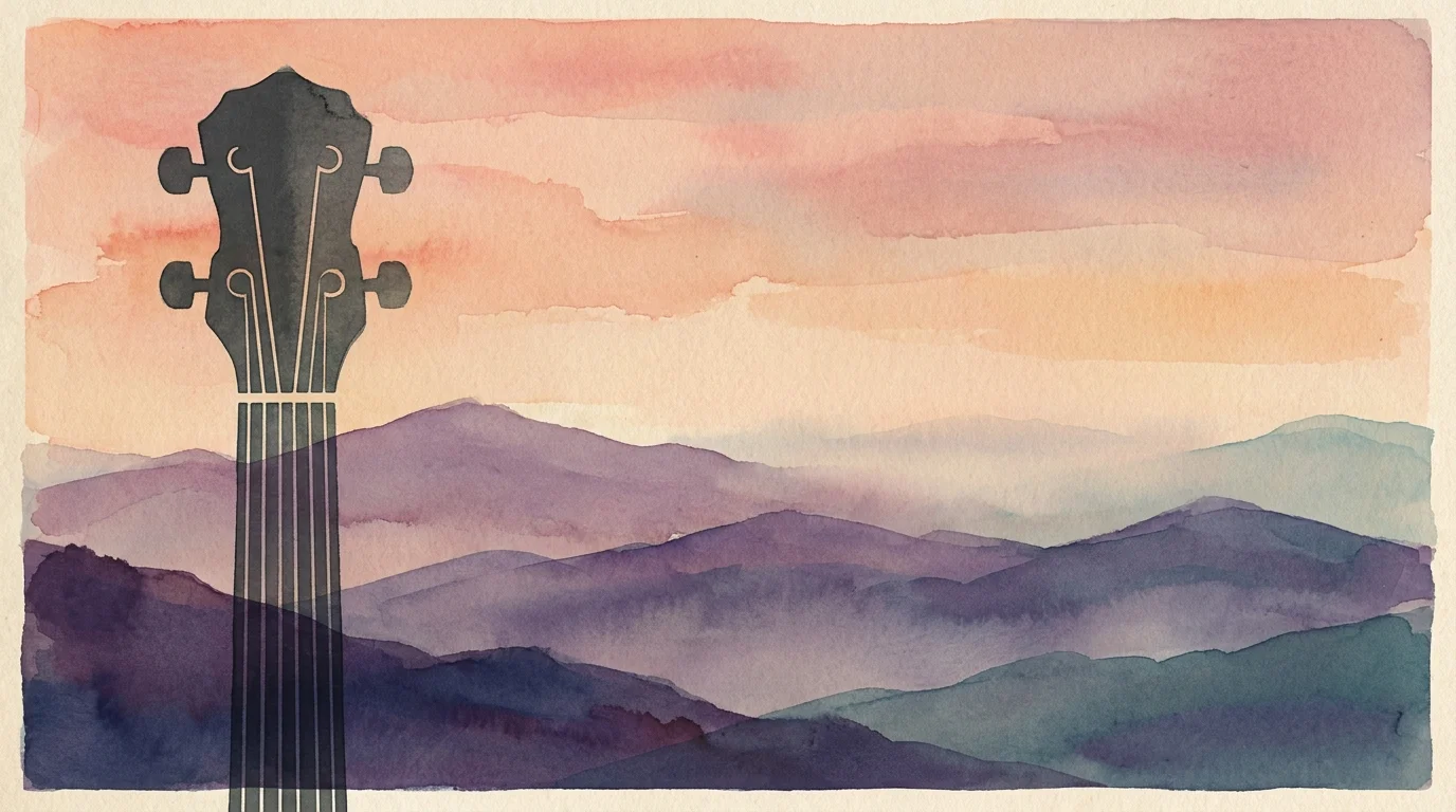 A watercolor illustration of blue mountains at sunset with a banjo silhouette in the foreground.