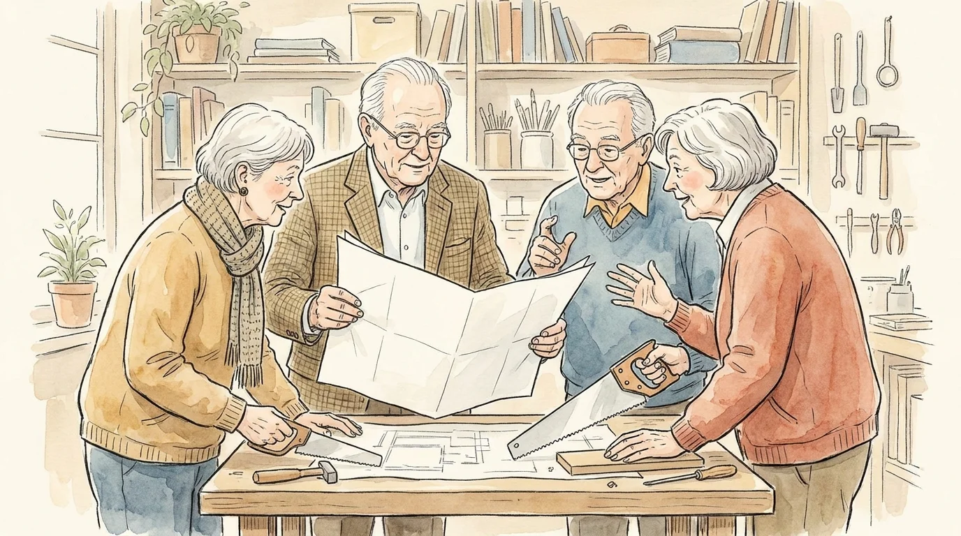 A watercolor illustration of diverse seniors working together on a project, symbolizing purpose and social connection.