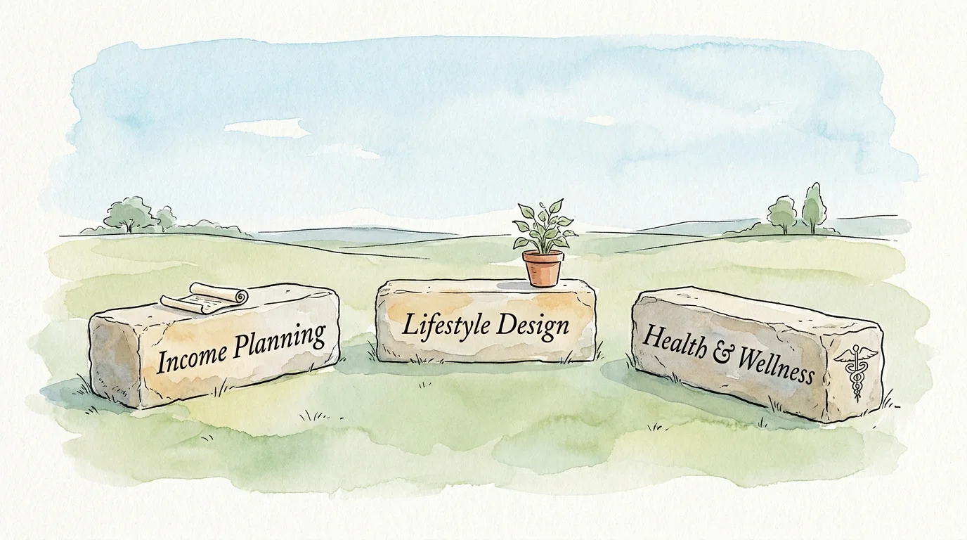 A watercolor illustration of three stone pillars labeled Income Planning, Lifestyle Design, and Health and Wellness.