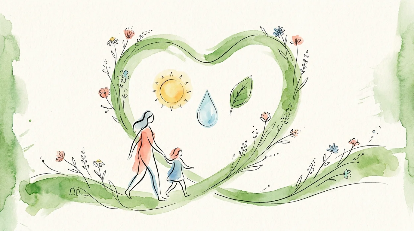 A watercolor illustration of two figures walking on a heart-shaped path through a green field.