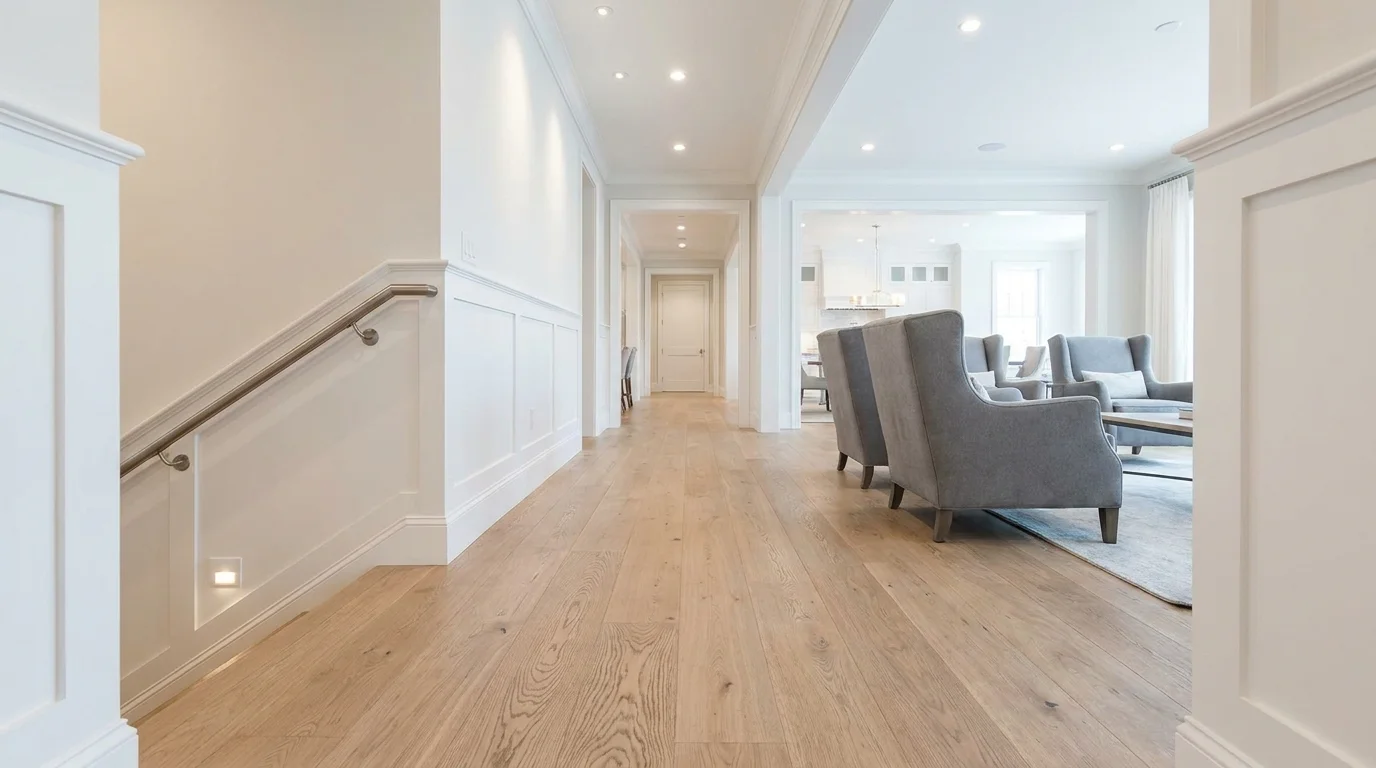 A well-designed, modern hallway with a stylish handrail, bright lighting, and clear walking paths.