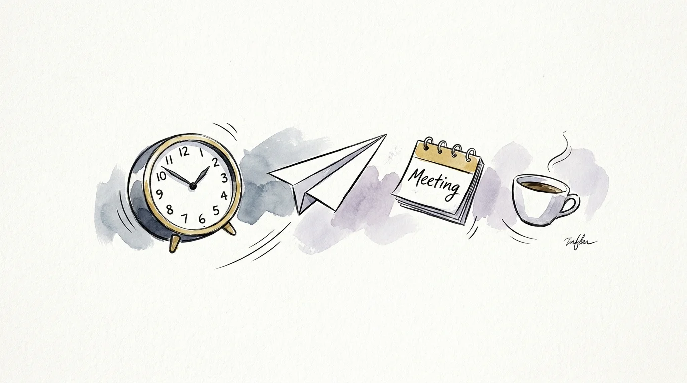 A whimsical watercolor illustration of various office icons floating together, representing virtual assisting.