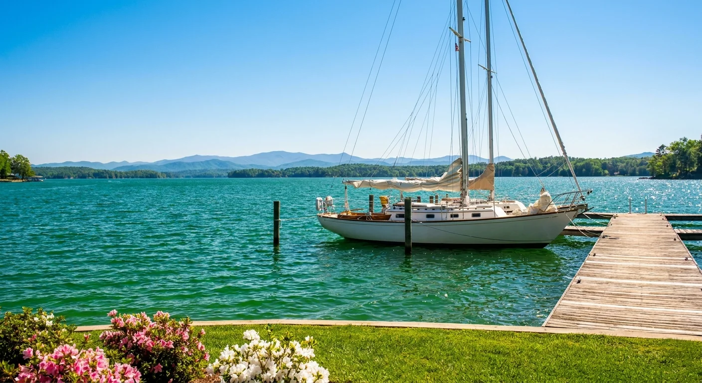 A white sailboat on the emerald green water of Lake Keowee with the Blue Ridge Mountains in the background.