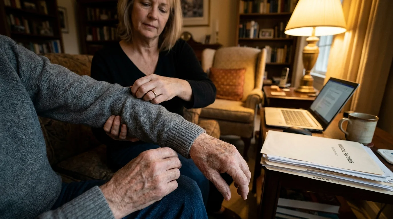 A woman caring for her elderly father at home, symbolizing the career interruptions that can impact Social Security benefits.