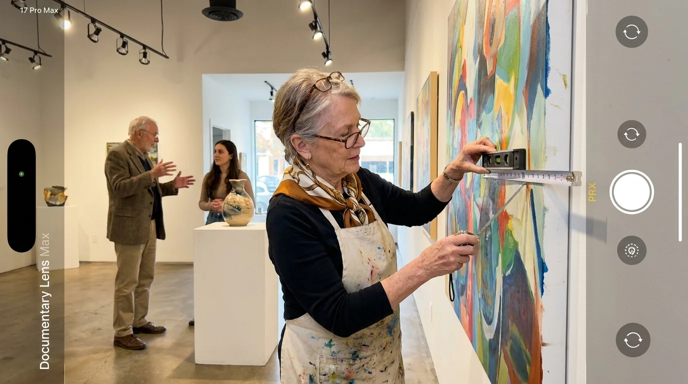 A woman hanging a painting in a community art gallery, showing the active nature of gallery coordinator roles.