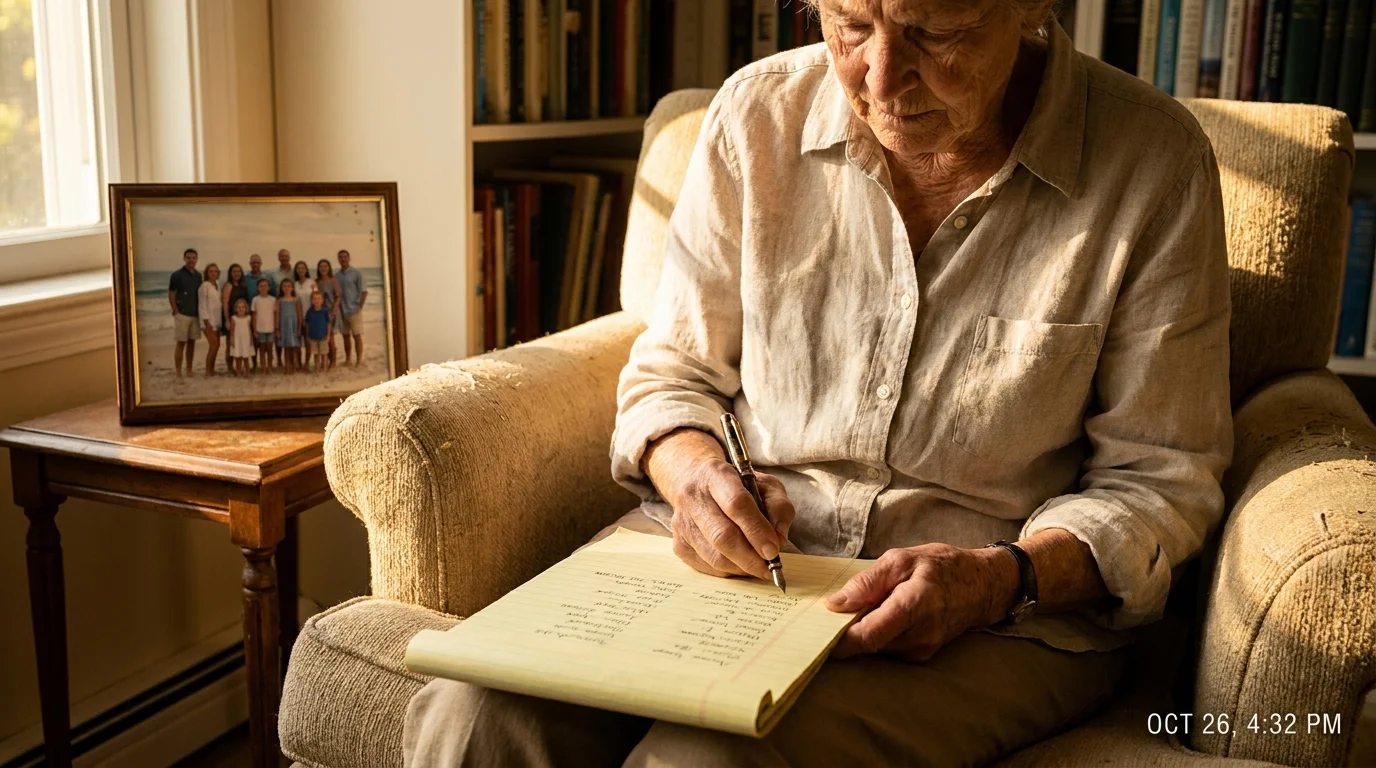 A woman in a sunlit room writing a list of names on a legal pad, with a family photo nearby.