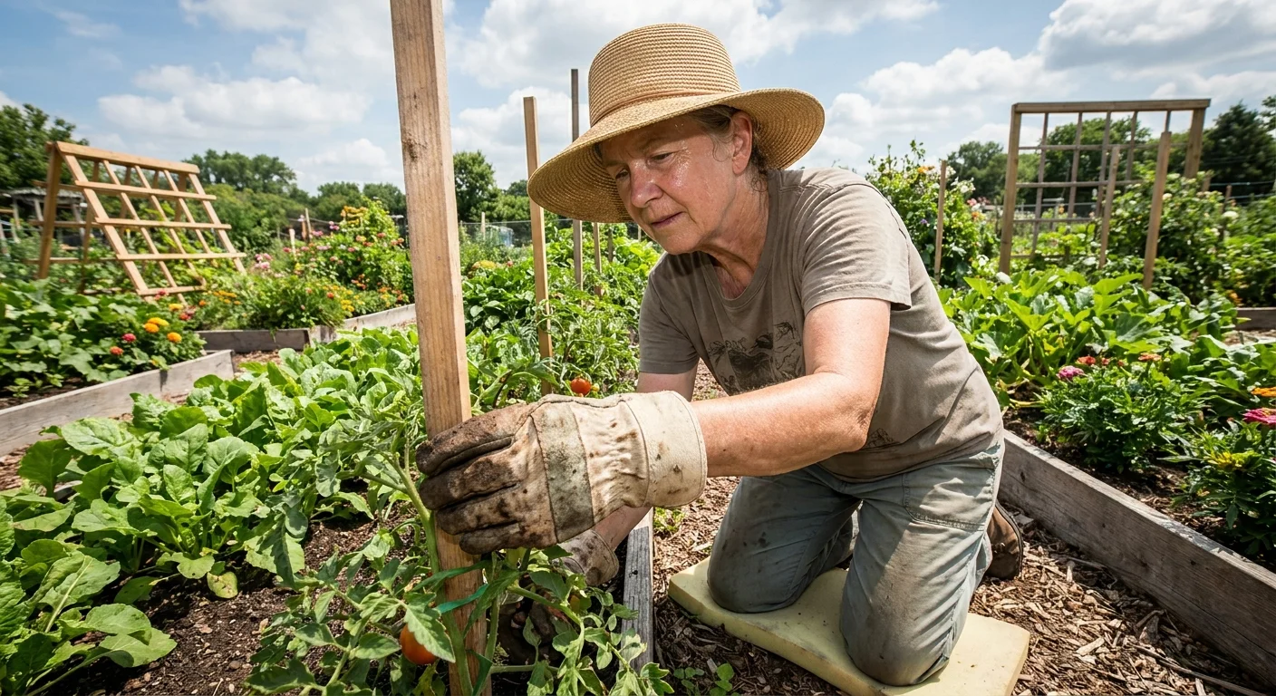 A woman in her 70s actively gardening, showing the strength and independence maintained through physical habits.