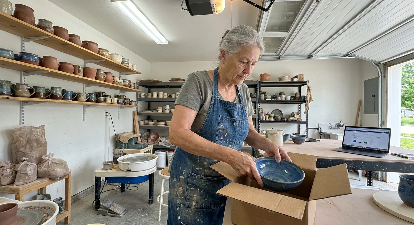 A woman in her 70s packs a handmade ceramic bowl for shipment in her garage pottery studio.