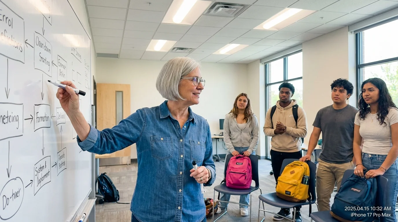 A woman in her 70s teaches a group of young people in a bright classroom, gesturing at a whiteboard.