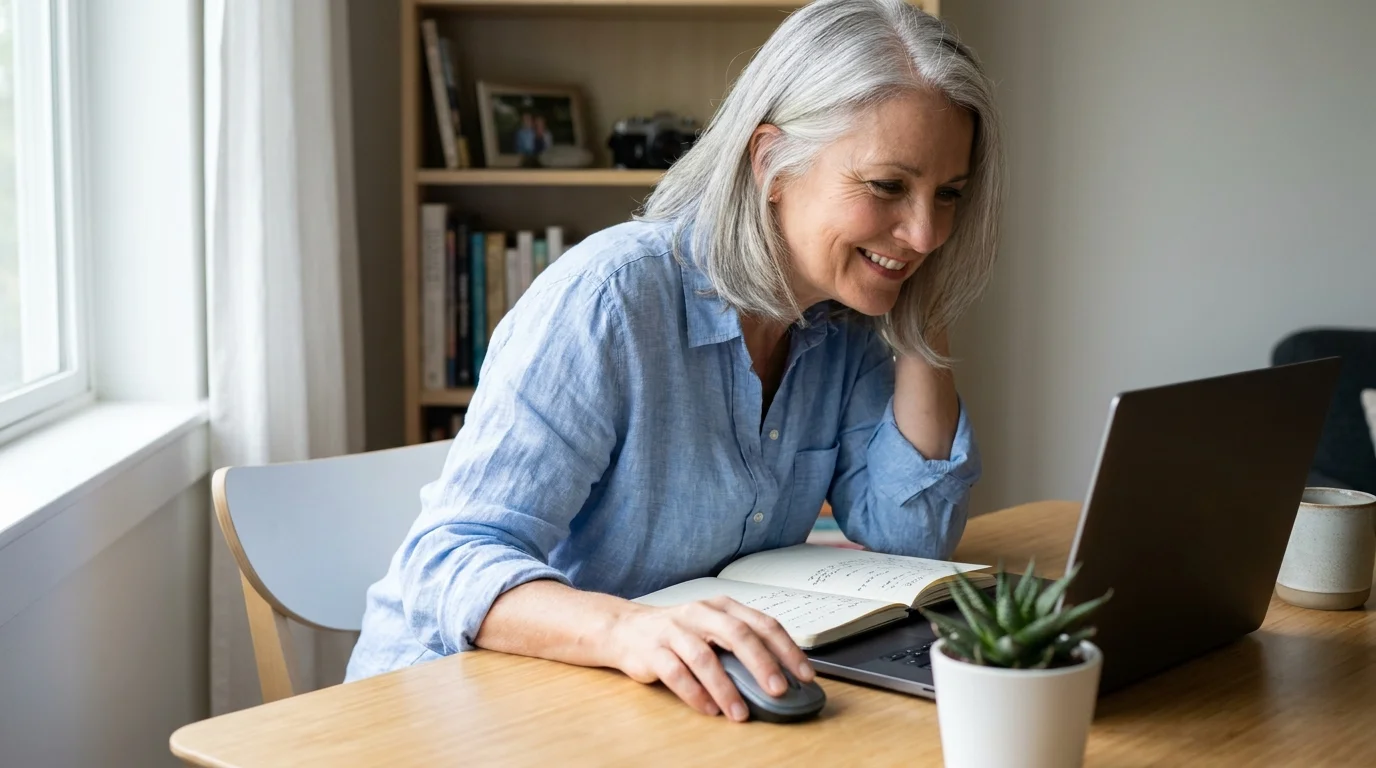 A woman in her late 60s working at a laptop in a comfortable, sunlit home office.