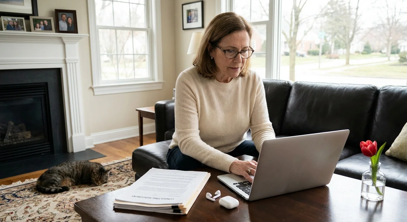 A woman working as a freelance consultant from her living room, with her laptop and professional documents on a coffee table.