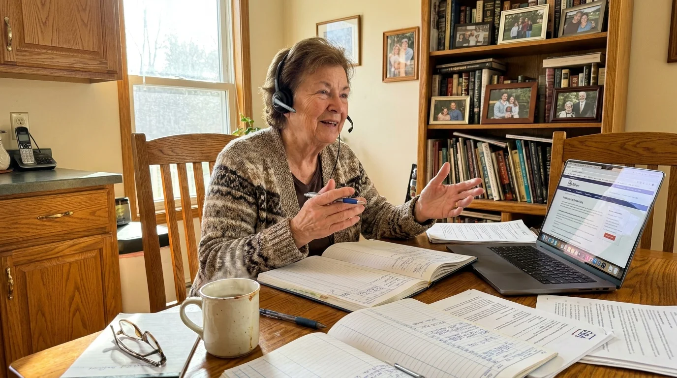 A woman working at her kitchen table with a laptop and ledgers, illustrating the launch of a post-retirement consulting business.