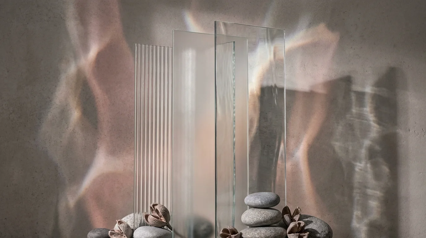 Abstract art with refracted light through glass panes and river stones, representing a graceful change in physical self-image.