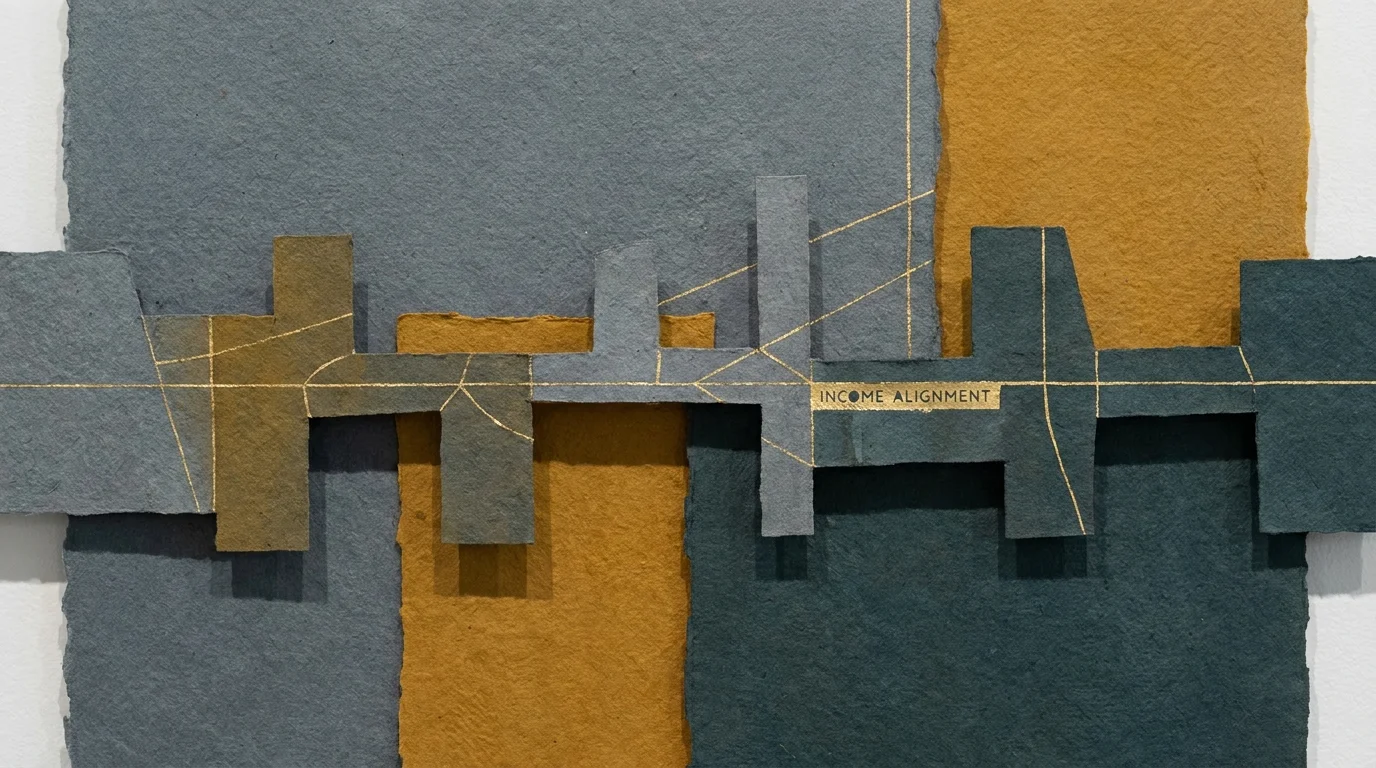 Abstract collage of textured paper and gold leaf lines representing the structural alignment of various retirement income sources.