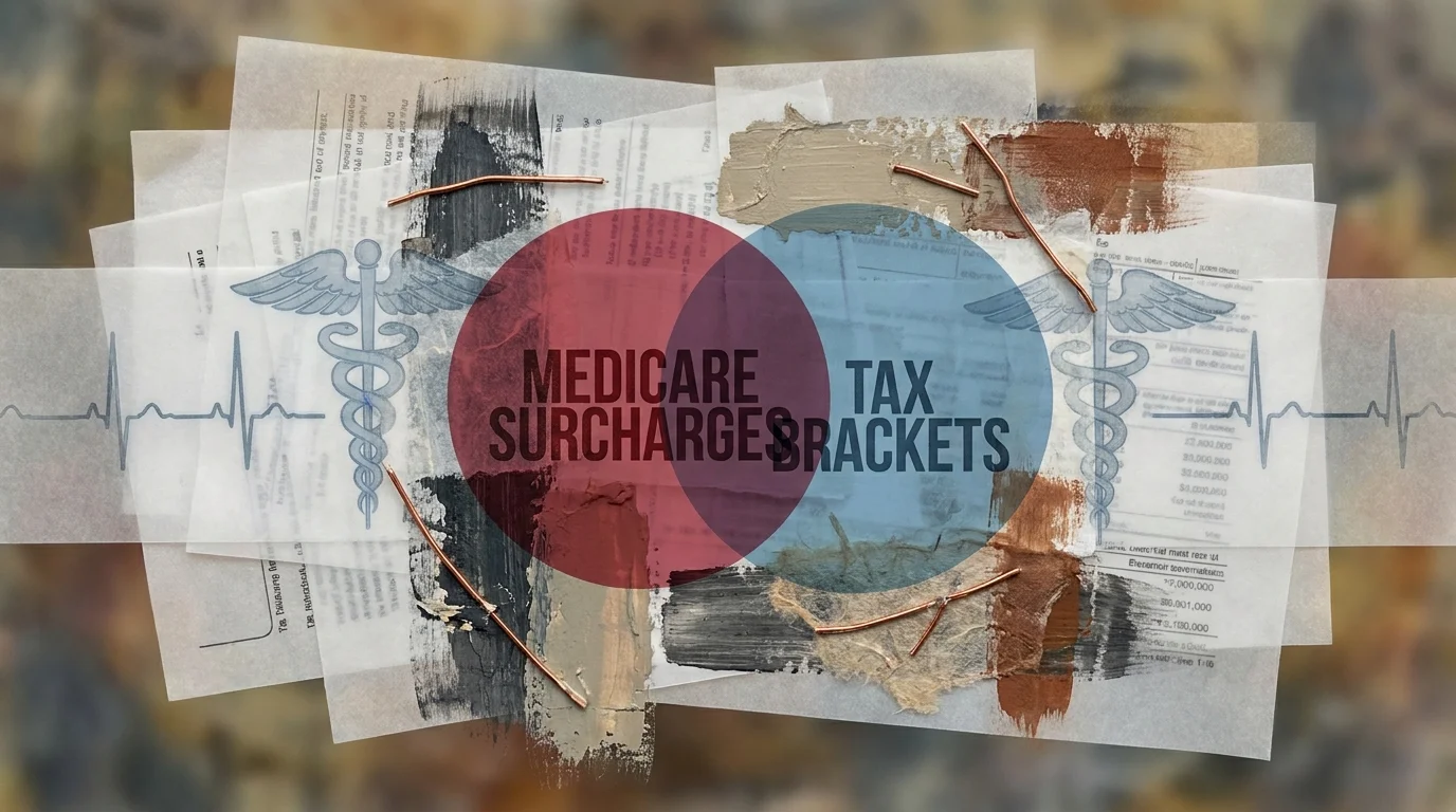 Abstract mixed media art combining elements of tax documents and medical symbols to illustrate healthcare cost planning.