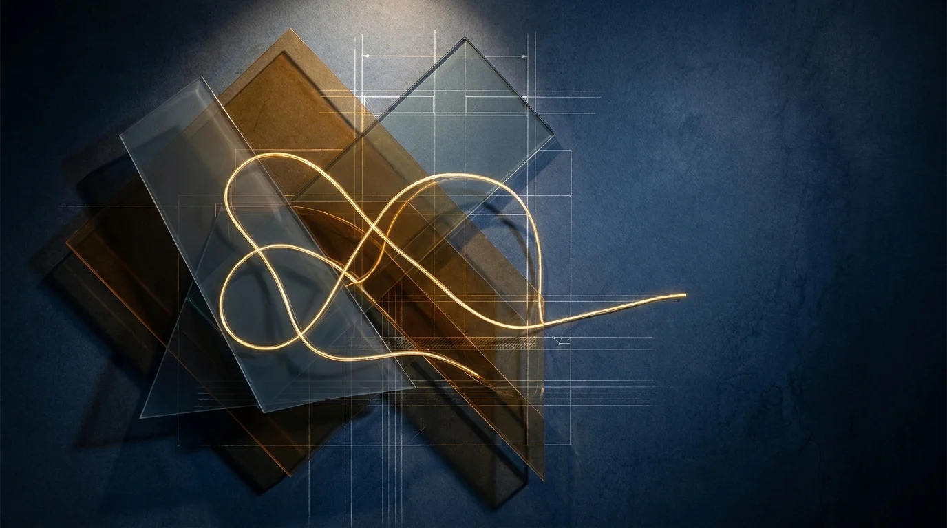 An abstract art piece with geometric planes and a golden thread of light representing the complex modern financial landscape.