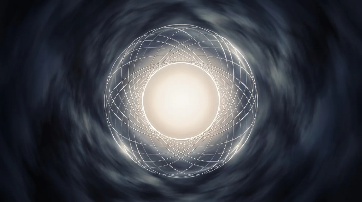 An abstract image of a glowing light protected by silver geometric lines against a dark, turbulent background, symbolizing risk management.