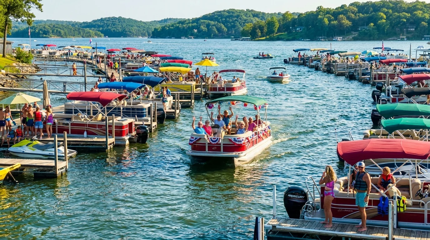 An active scene at Lake of the Ozarks showing many docks, boats, and the hilly shoreline.