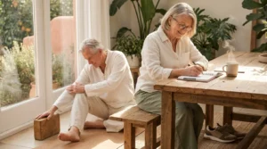 An active senior couple in a sunlit room, one stretching and one writing in a planner, surrounded by plants.