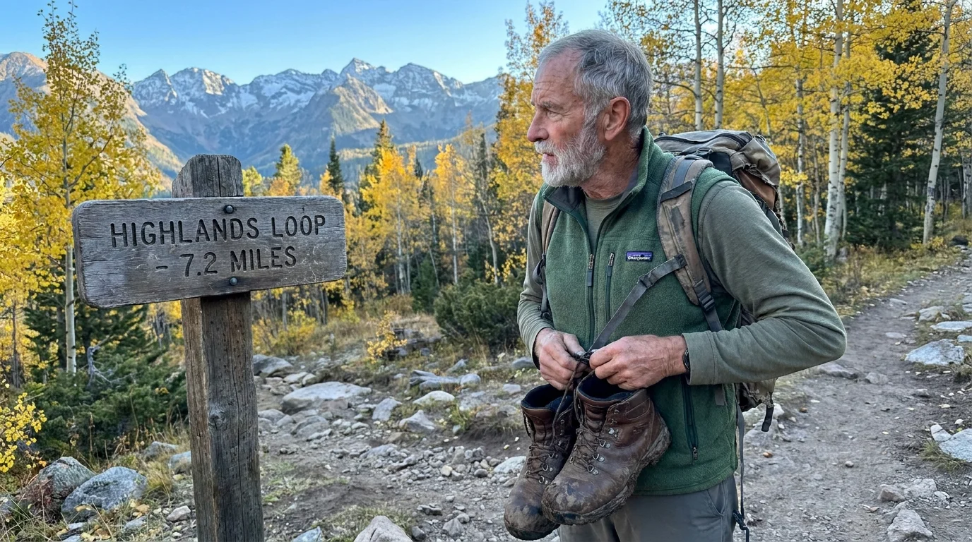 An active senior man adjusting his hiking pack at a mountain trailhead in Colorado under a clear blue sky.