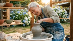 An active senior woman with silver hair happily shaping a clay pot on a pottery wheel in a sunny outdoor studio.