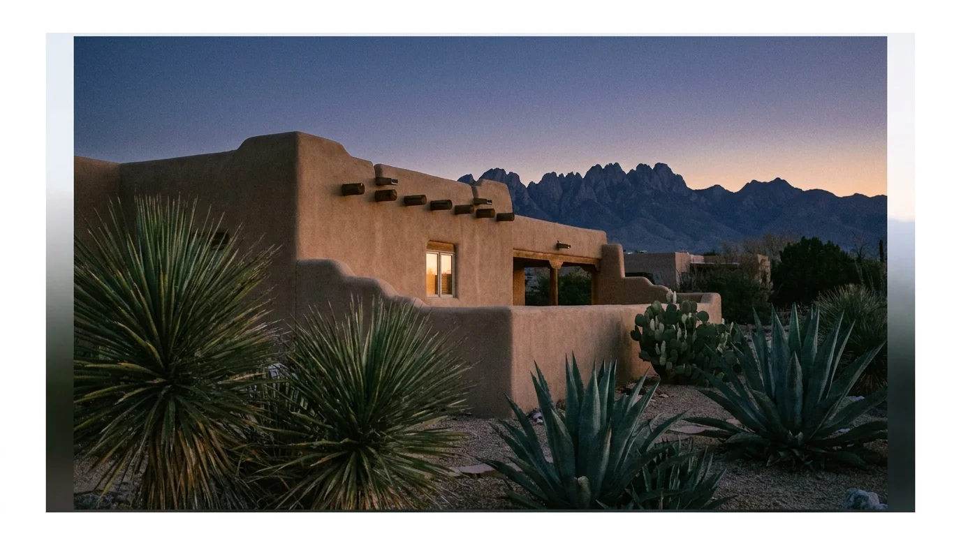 An adobe home in Las Cruces, New Mexico, framed by the dramatic peaks of the Organ Mountains at dawn.
