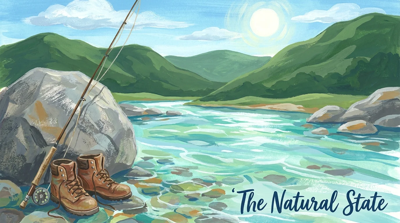 An artistic gouache illustration of an Ozark river and mountains, highlighting Arkansas as a natural retirement destination.