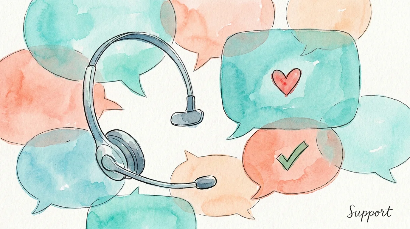 An artistic illustration of a headset surrounded by friendly speech bubbles, representing customer support.
