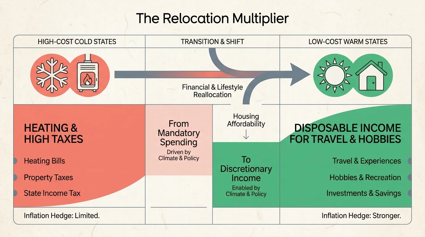 An editorial diagram showing how relocating to a warm state shifts spending from utility bills to lifestyle and hobbies.
