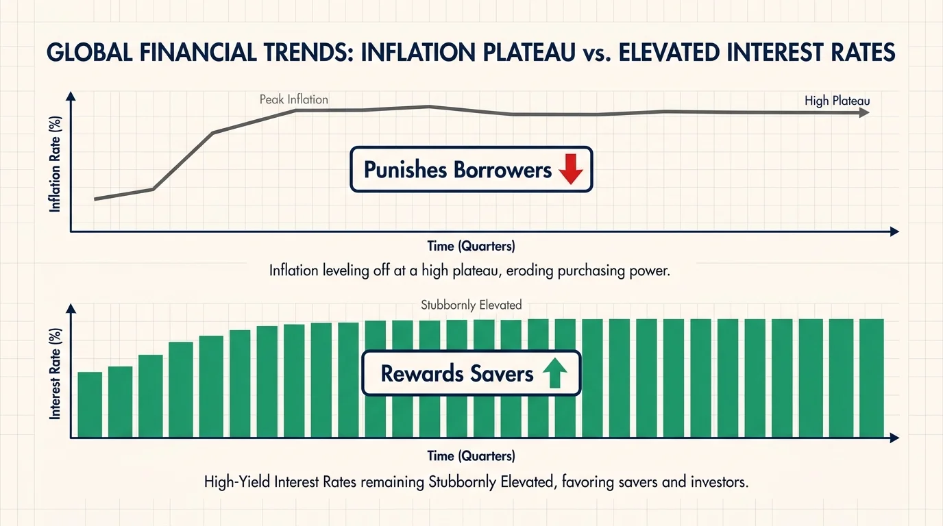 An editorial diagram showing the relationship between leveled-off inflation and elevated interest rates in 2026.