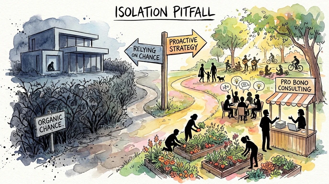 An editorial illustration showing a path leading from a lonely, isolated house toward a vibrant, social community garden.