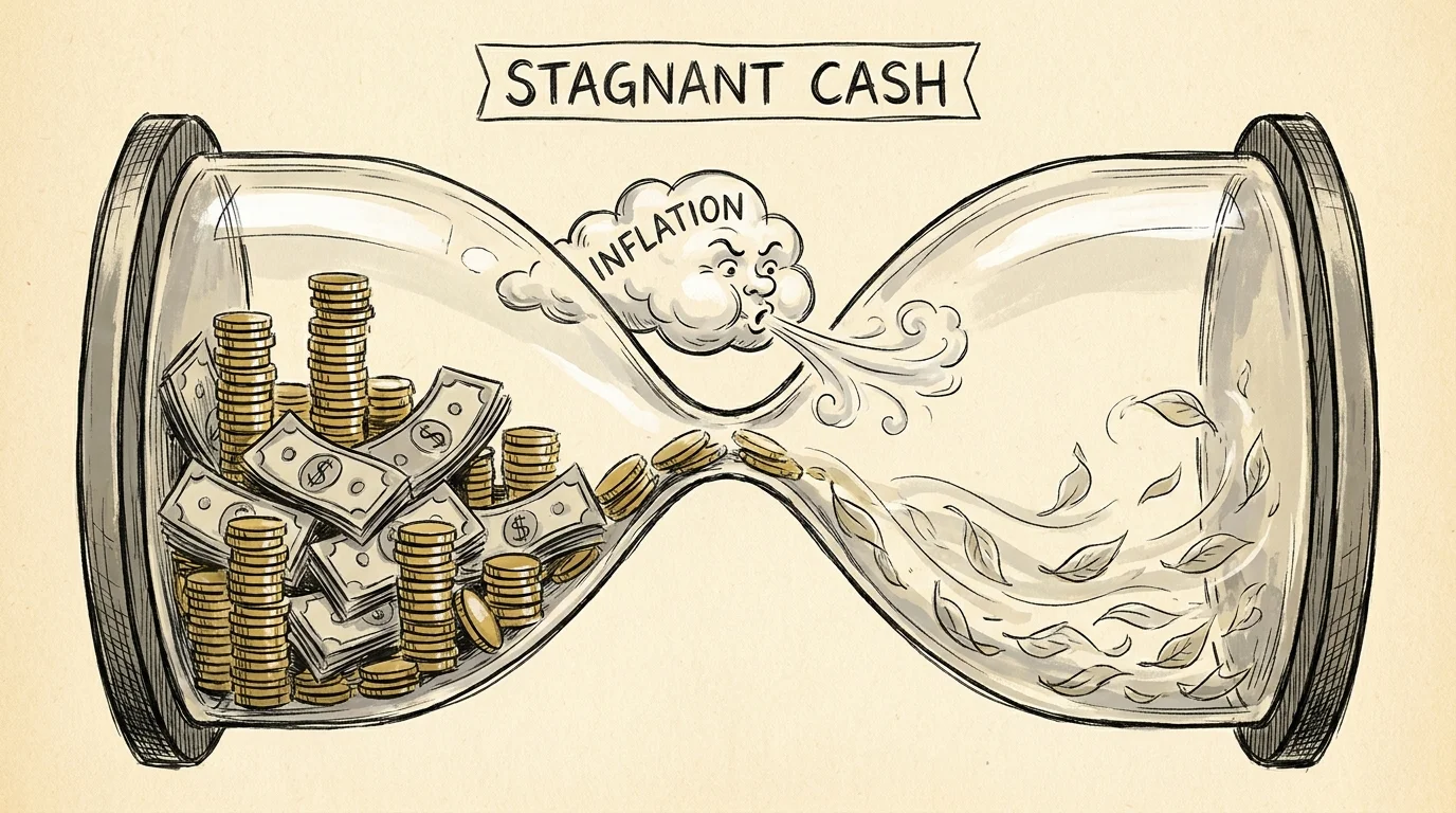 An editorial illustration showing cash in an hourglass being blown away by a wind labeled 'inflation'.