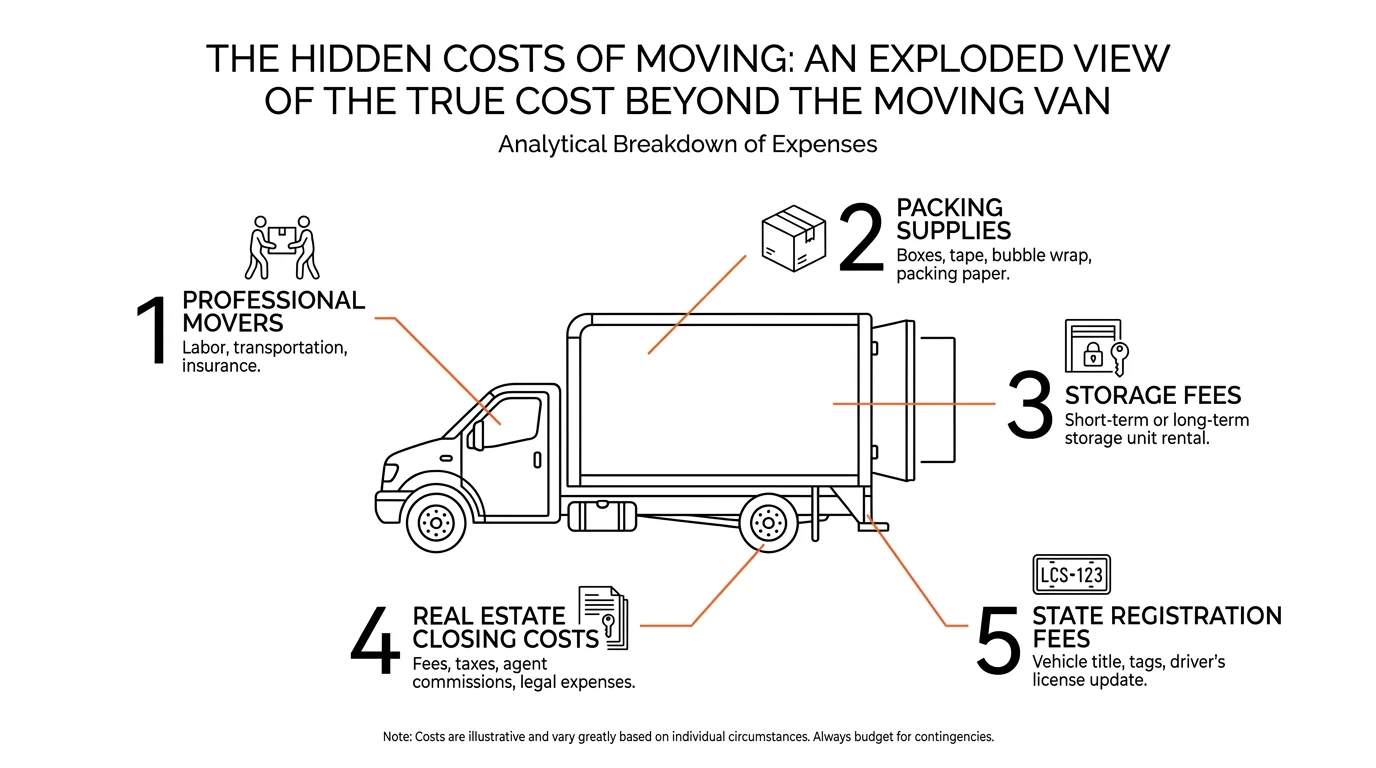 An exploded-view diagram of a moving truck with labels for various relocation costs like storage and closing fees.