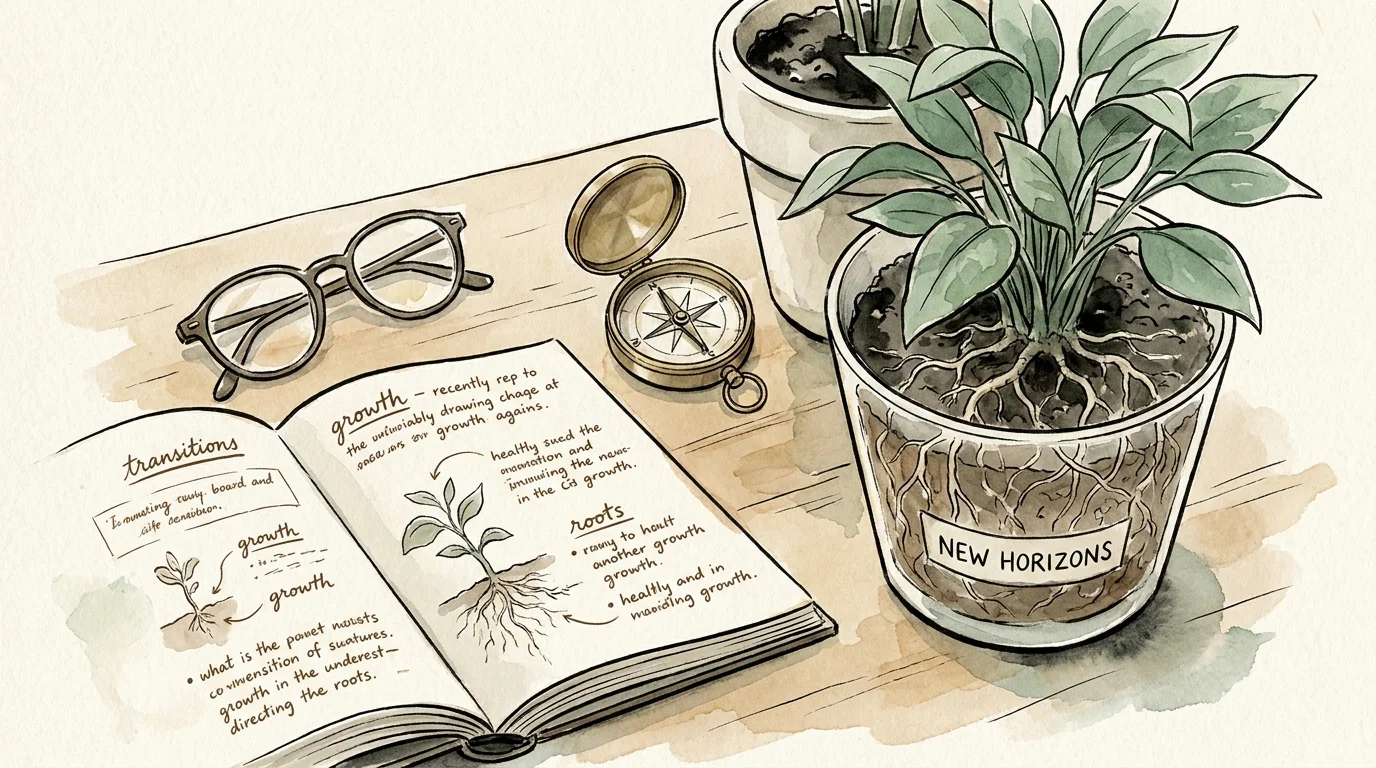 An illustration of a desk with a repotted plant and a compass, symbolizing the growth and planning involved in moving.