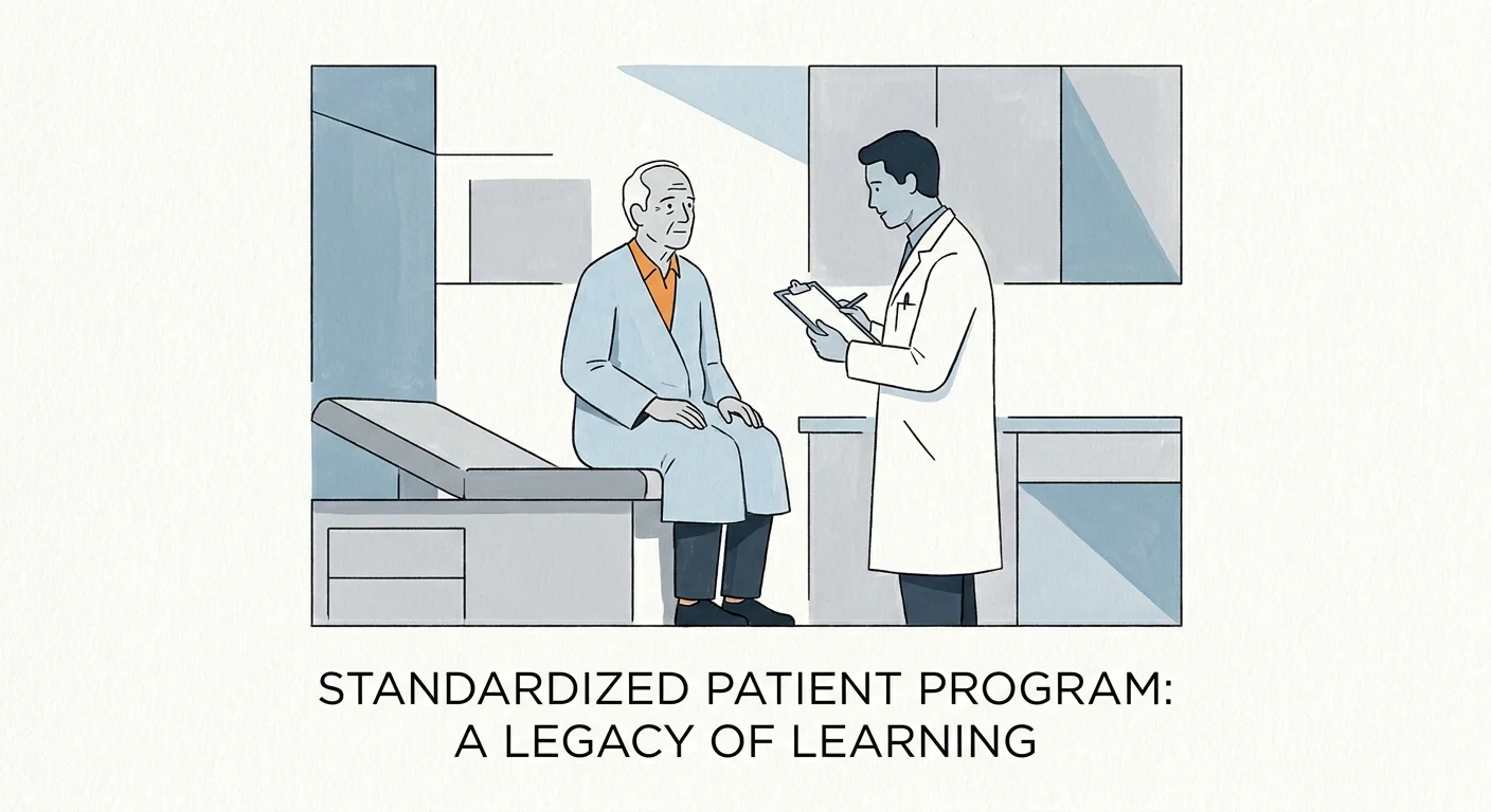 An illustration of a retiree acting as a standardized patient, talking to a medical student in a clinic setting.