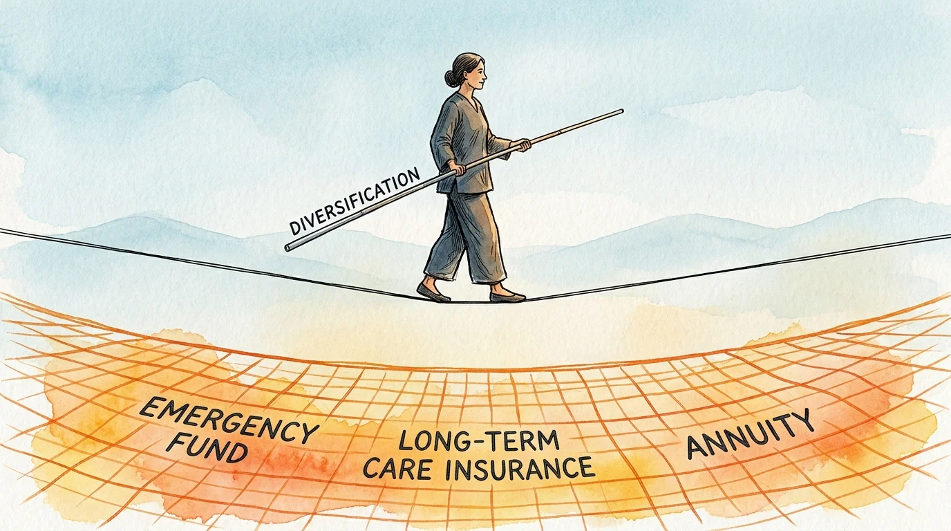 An illustration of a woman walking a tightrope with a safety net labeled with financial safeguards like emergency funds.