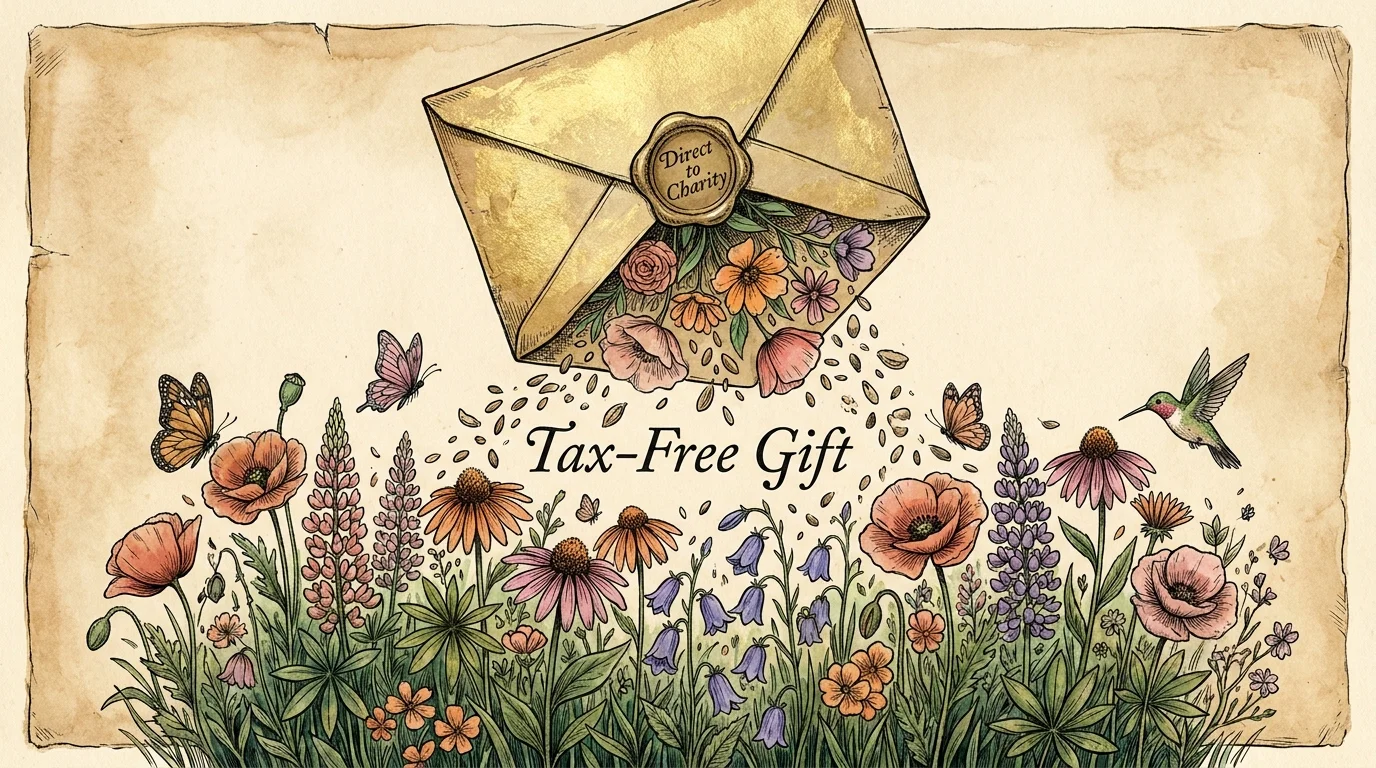 An illustration of an envelope spilling seeds that turn into flowers, symbolizing a direct charitable donation from an IRA.