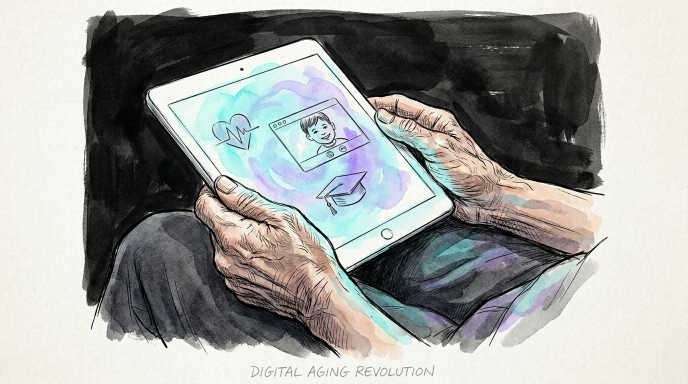 An illustration of hands holding a tablet that glows with icons of health, connection, and learning.