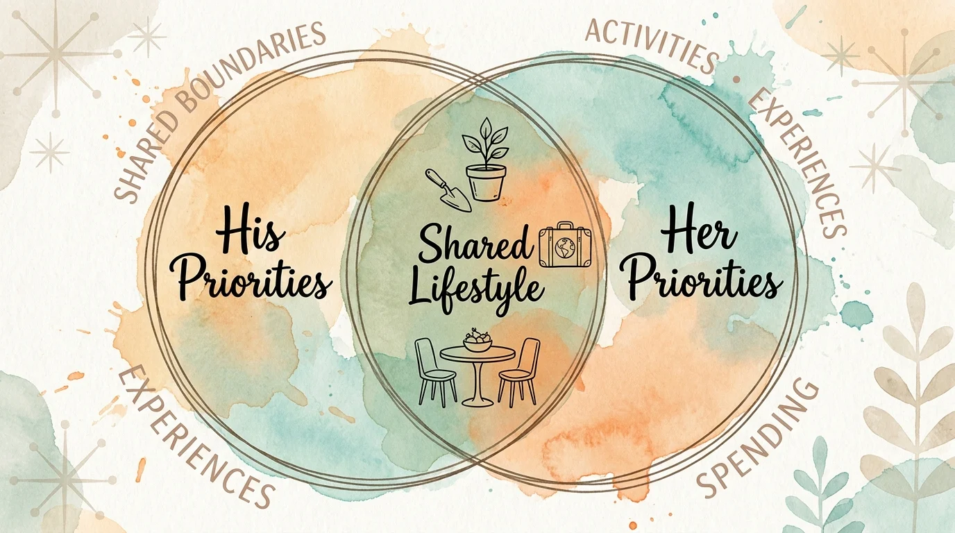 An illustration showing a Venn diagram where 'His Priorities' and 'Her Priorities' meet in a shared lifestyle of travel and hobbies.
