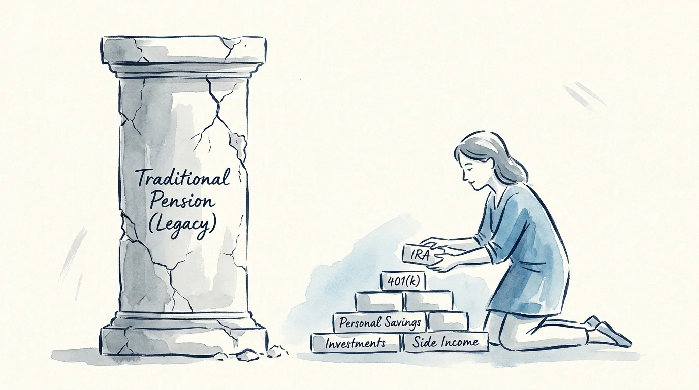 An illustration showing a woman building her own retirement foundation from bricks labeled IRA and 401(k).