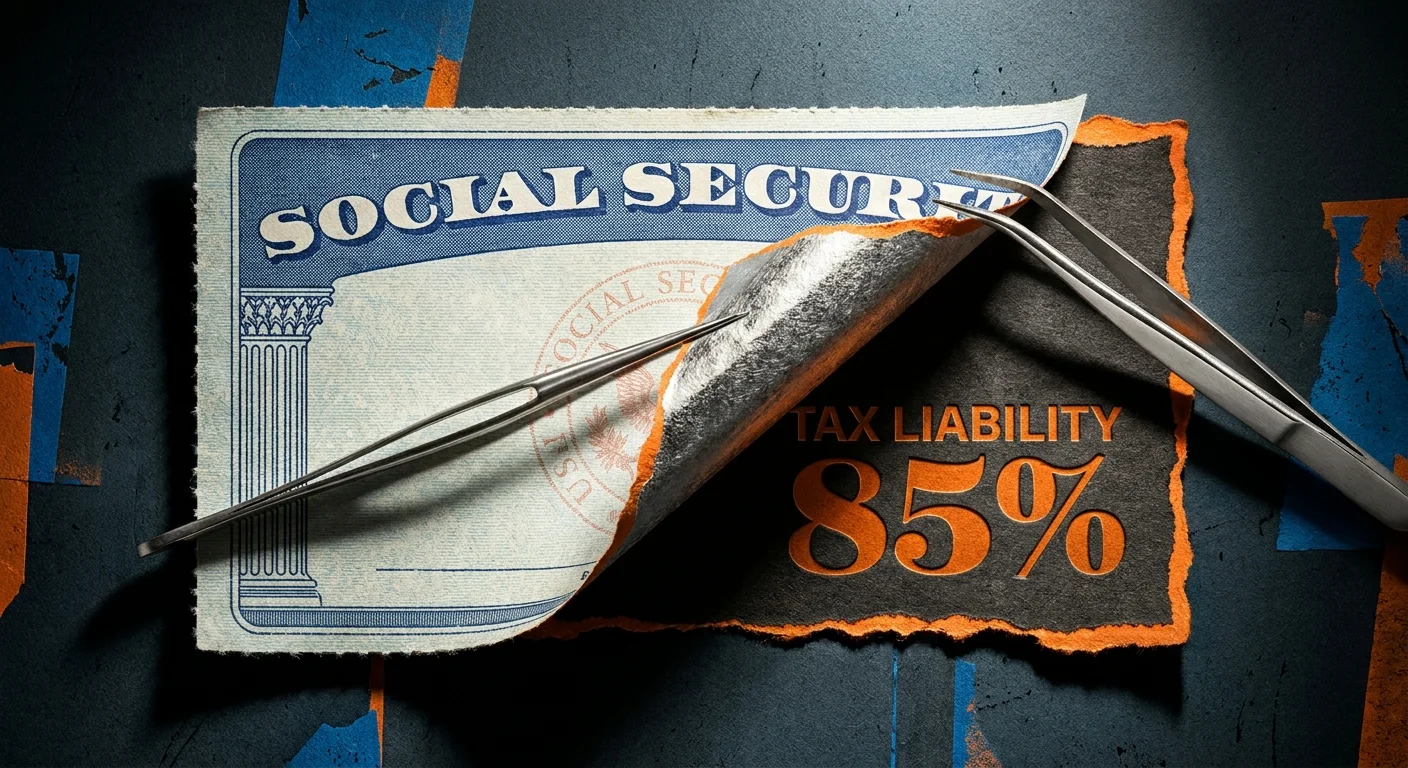 An image of a benefit check being peeled away to reveal a hidden tax layer, with the number 85 percent visible.